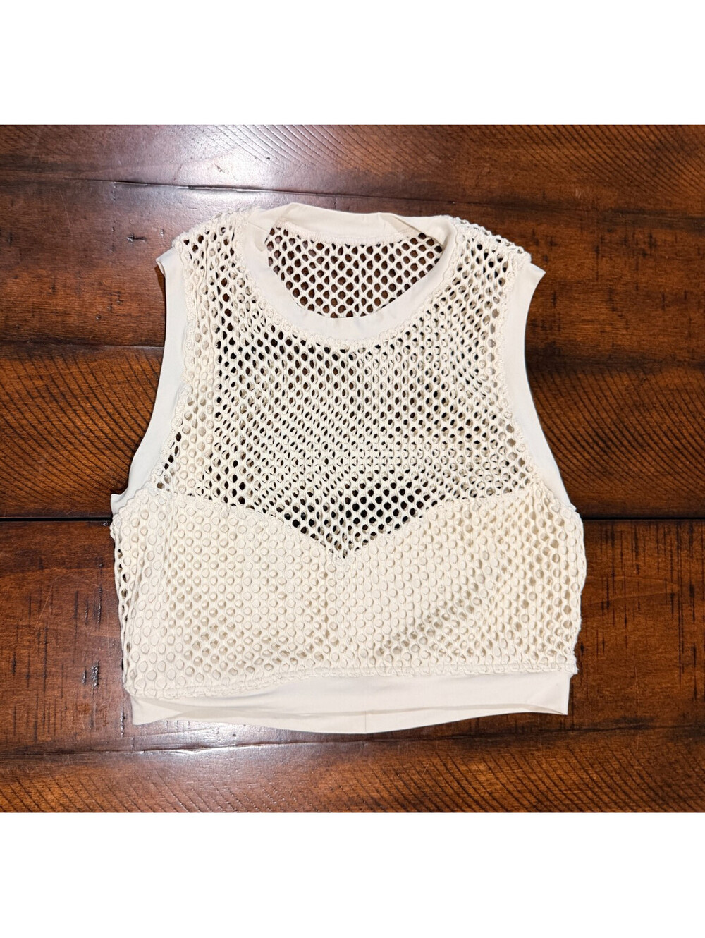 Robin Piccone - Ecru Fishnet Crop Top, Size Medium